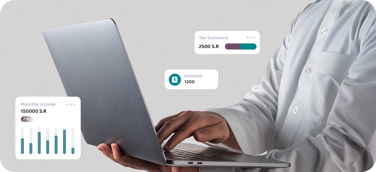 Man using laptop with ERP dashboard overlays
