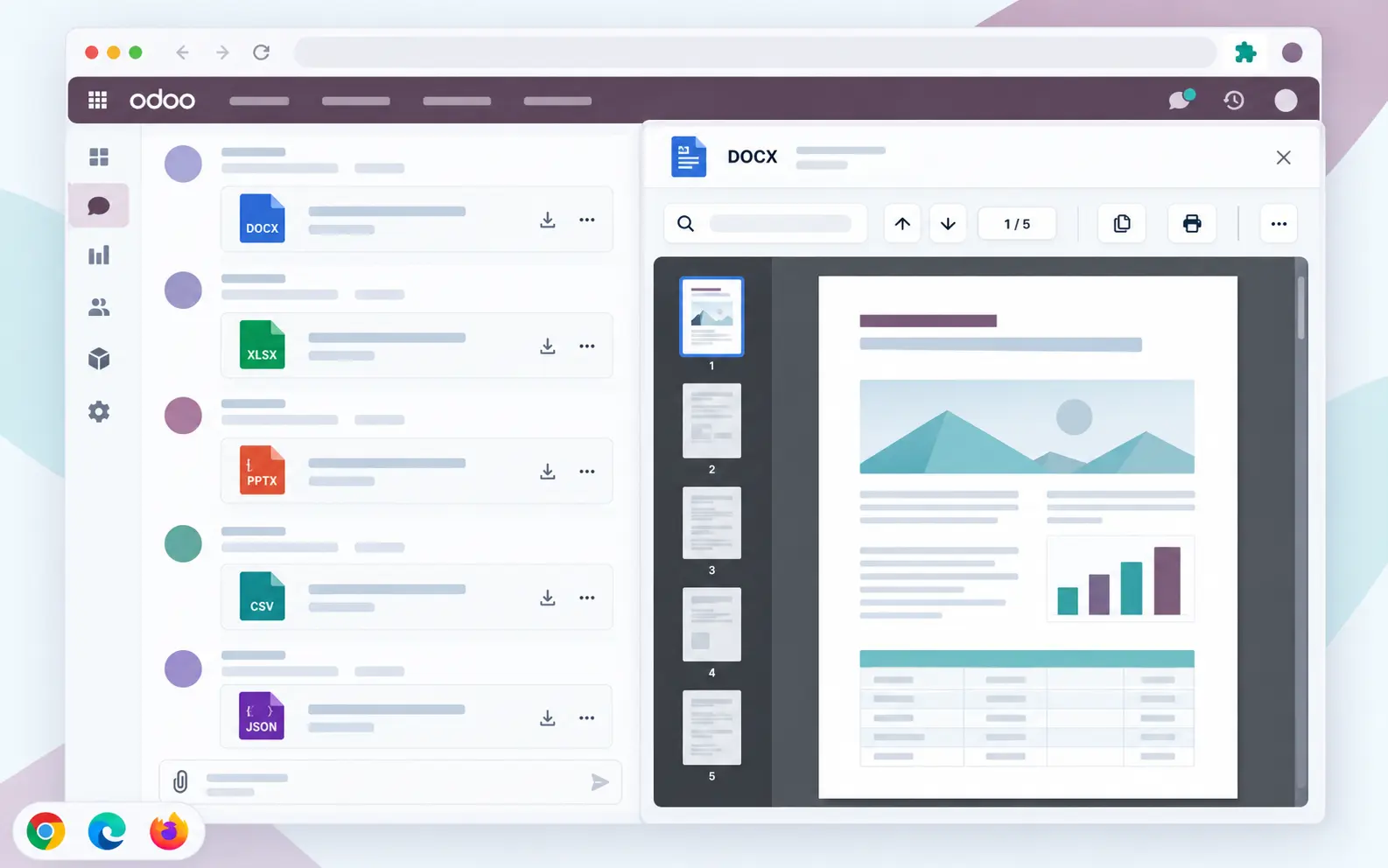 Odoo attachment preview for DOCX XLSX PPTX CSV JSON and LOG